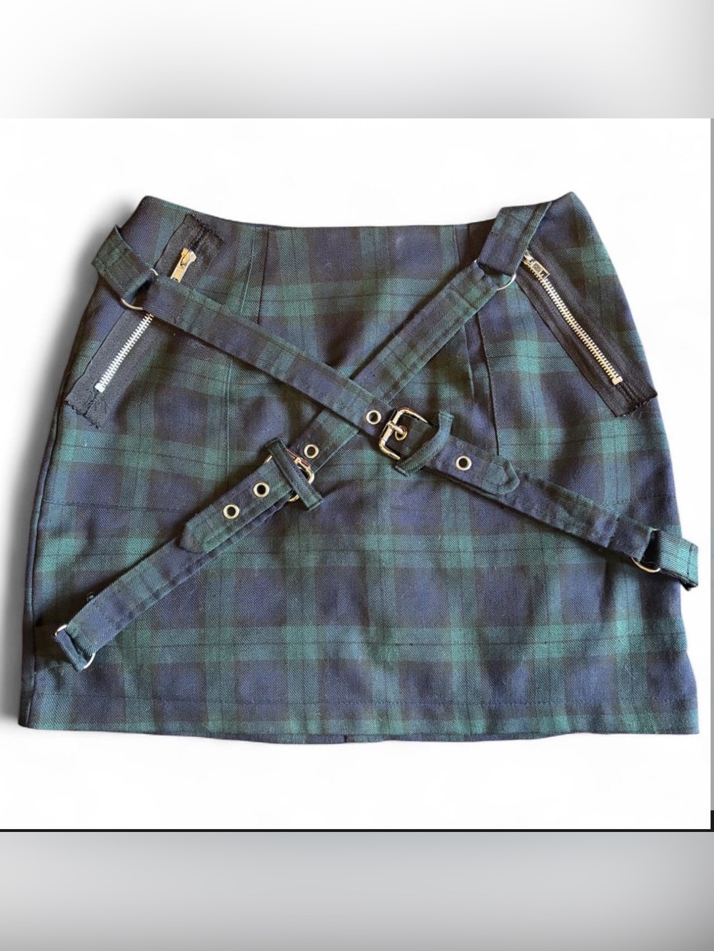 Vintage lip service green and navy knit plaid strappy buckle mini skirt